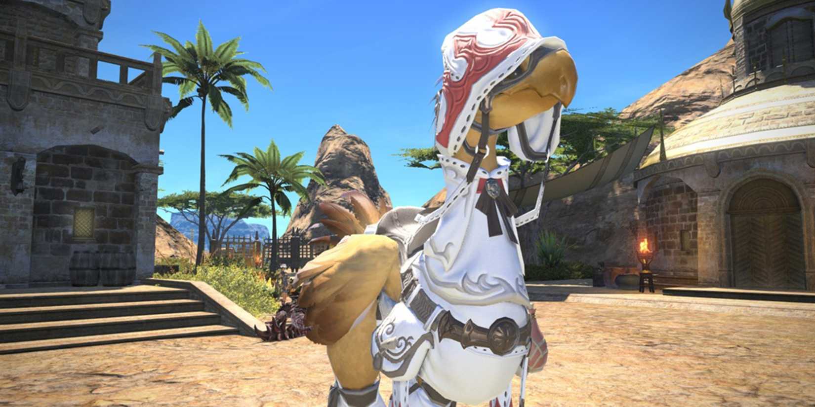 A chocobo equipped with white mage barding in Final Fantasy 14.