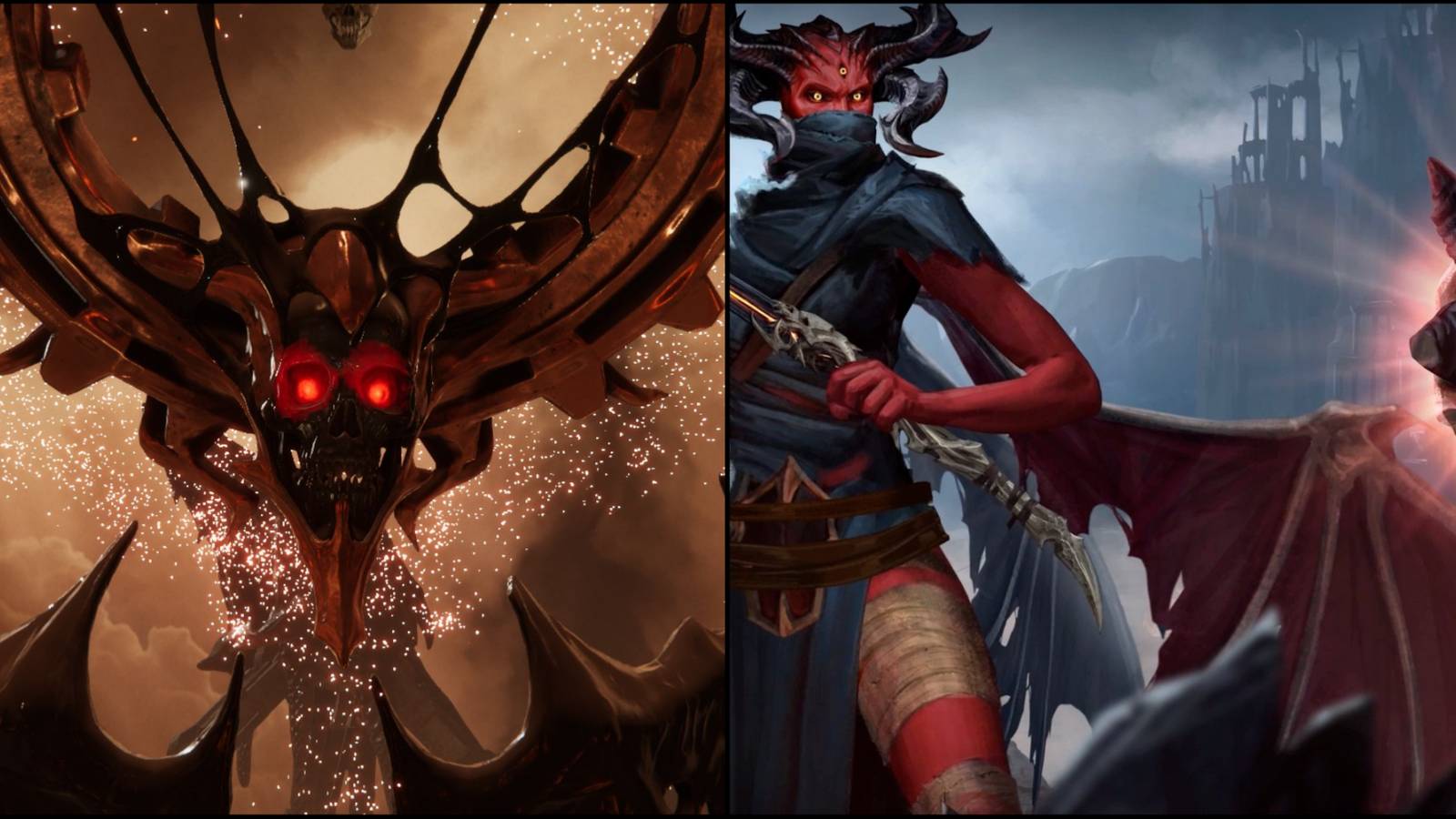 The boss with red eyes on the left, the protagonist losing Paz on the right.