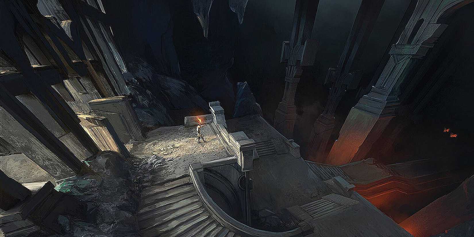 A lone figure holds a torch in a cavernous dark dungeon.