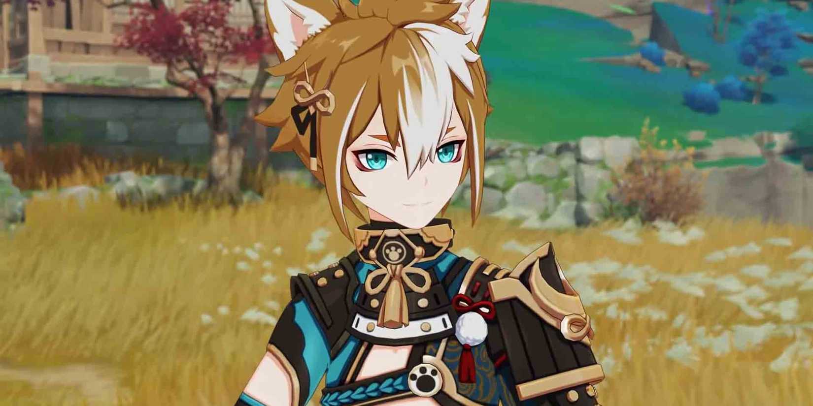 Gorou looks off into the distance and smiles in Genshin Impact.