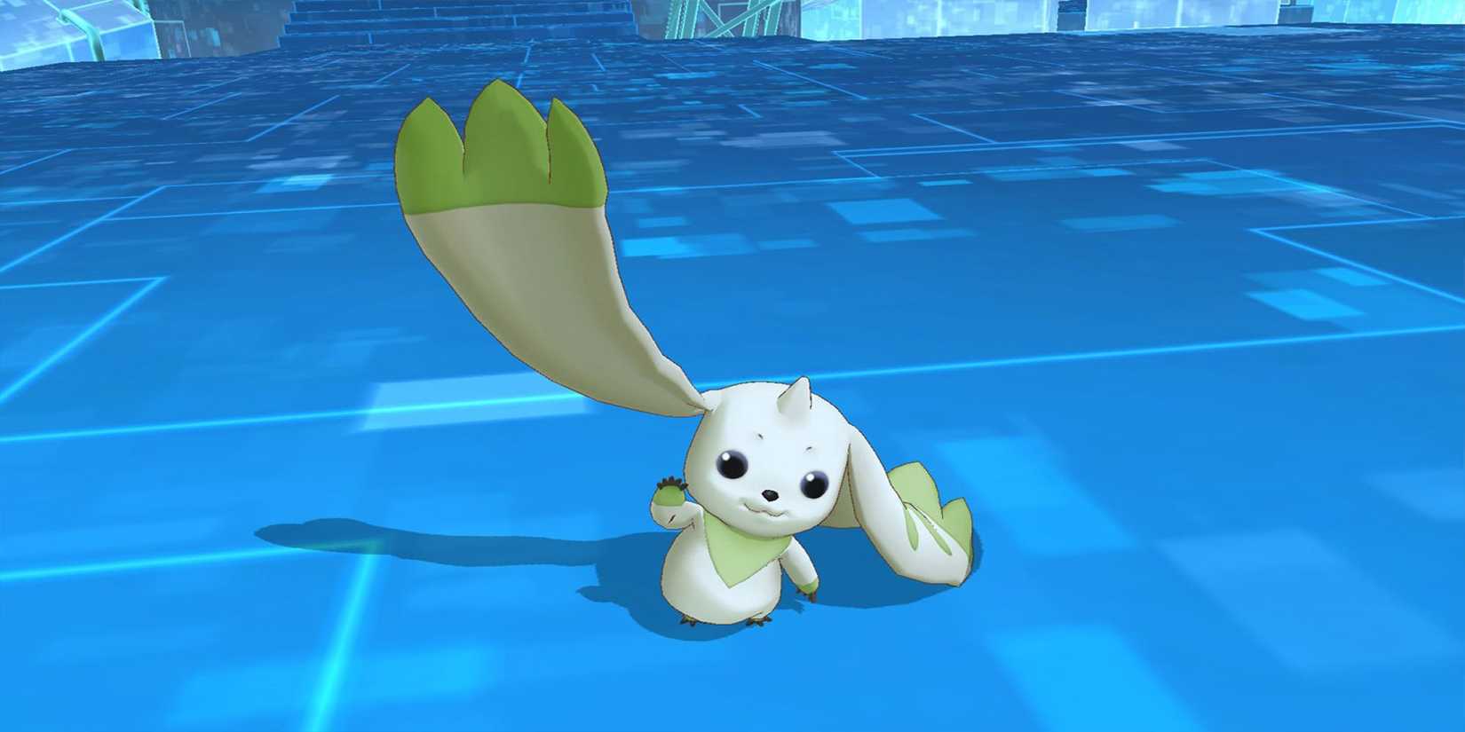 Terriermon, who appears in Digimon Story Cyber ​​Sleuth, is waving at the camera using his ears.