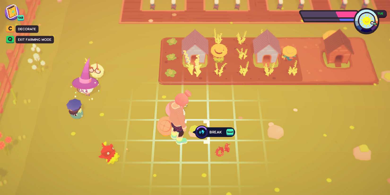 Breaking a rock in farm mode in Ooblets.