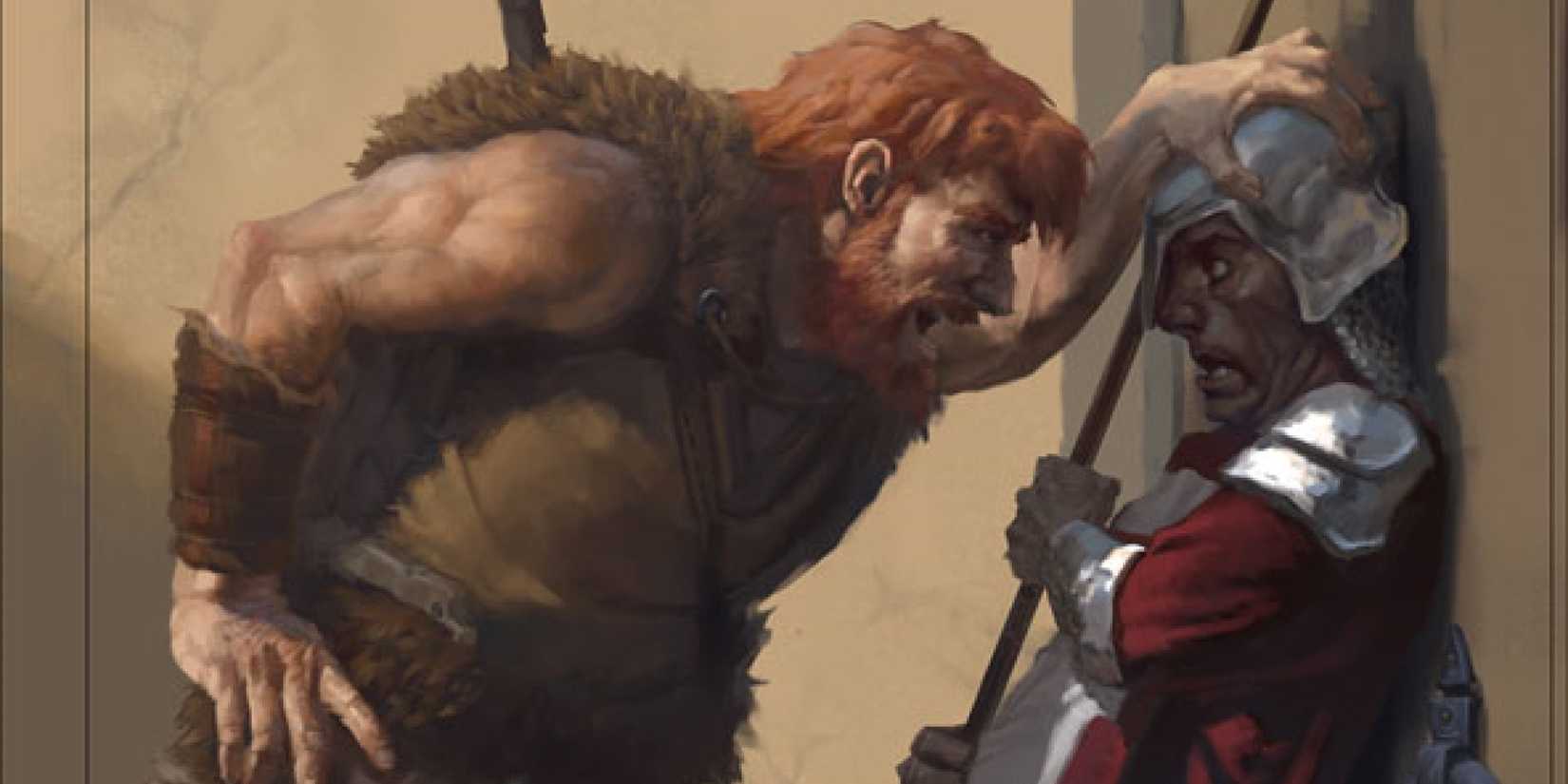 A guard is bullied by a larger barbarian.