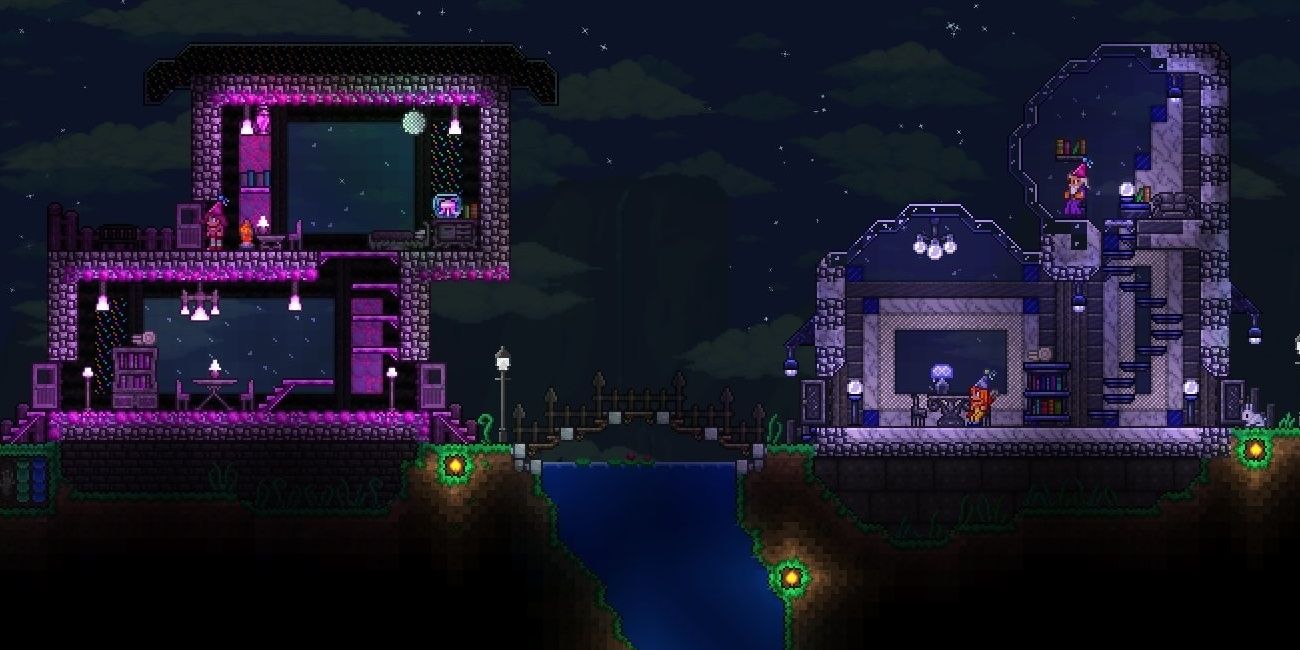 Terraria Bubblegum Block Iridescent Brick House Starry Night Wizard and Mechanic Party Girl