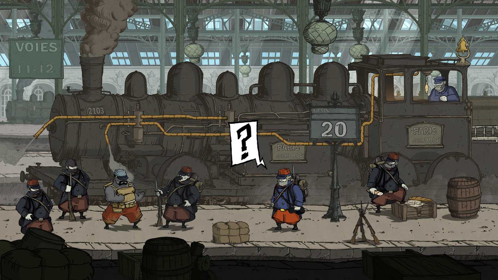 A character with a question mark at the train station in Valiant Hearts The Great War.