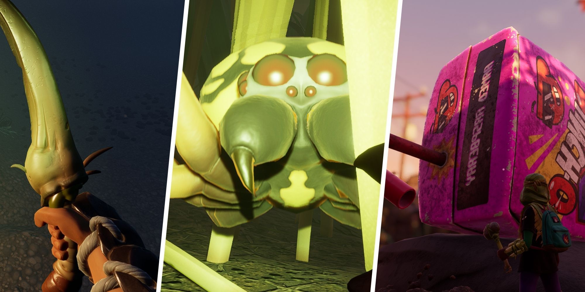 weapon in grounded, orb weaver at night, Willow faces a juice box