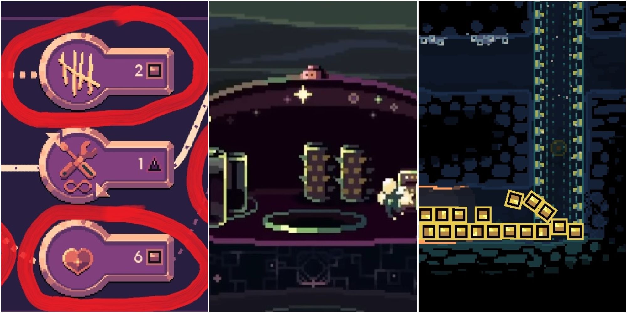 Left to right: Weak upgrades, the Laser Dome, and a whole pile of Iron headed to the Lift