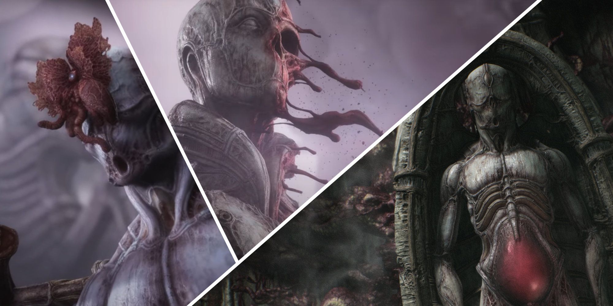Split image of a Surrogate, a melting statue, and a dormant Surrogate in Scorn