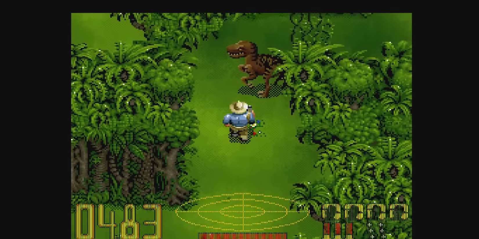 Screenshot of the Velociraptor encounter from the SNES 1993 Jurassic Park game.