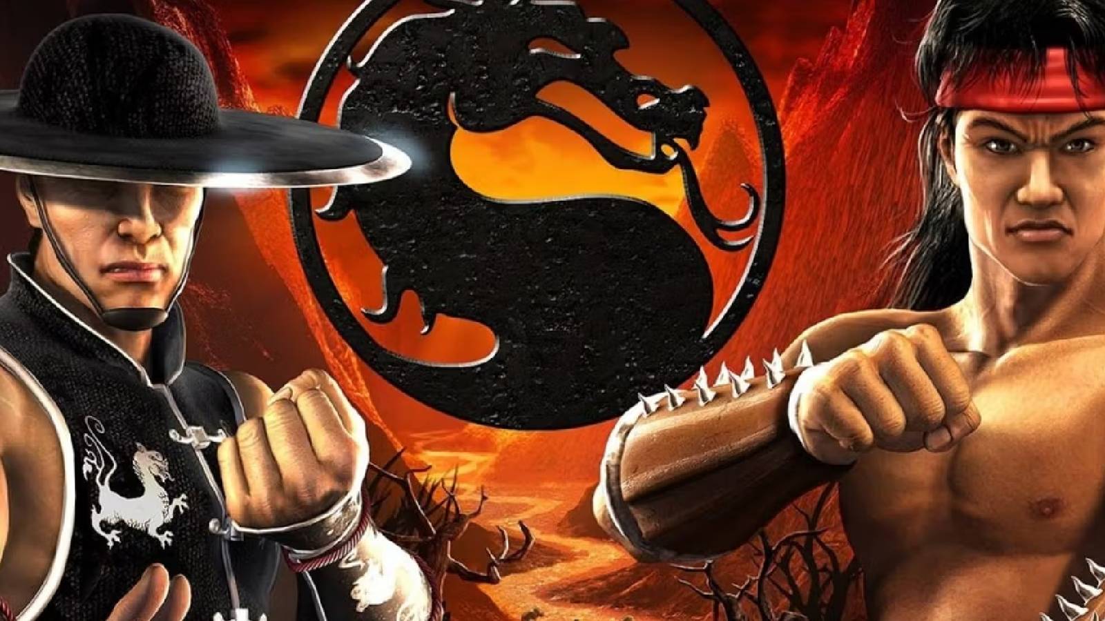 Liu Kang and Kung Lao posing in front of the Mortal Kombat symbol in Mortal Kombat: Shaolin Monks.