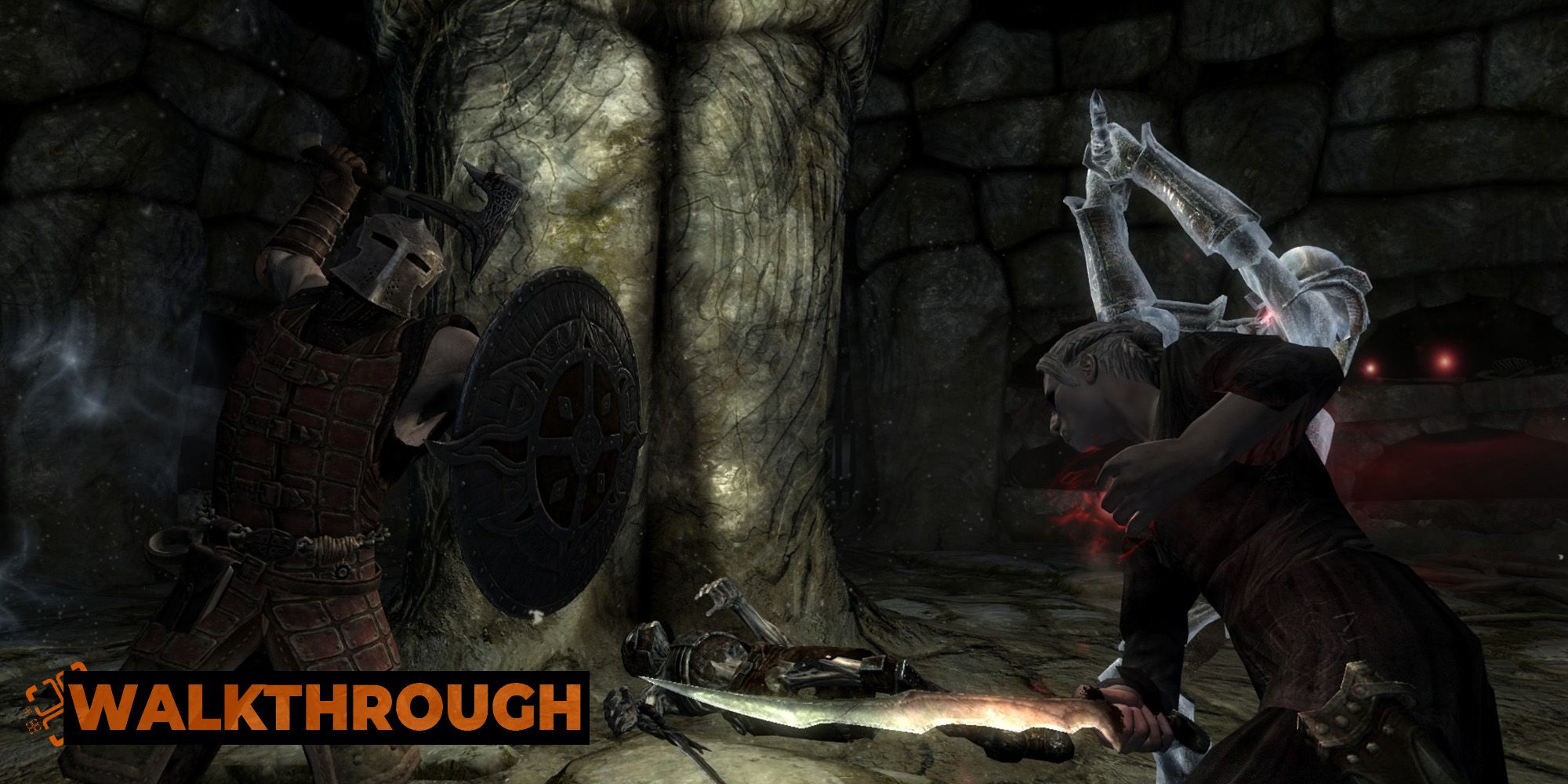 A man swings an axe at a pair of enemies in a crypt