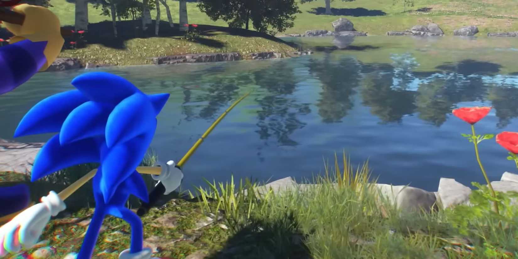 Sonic holds a fishing rod out toward a lake in a grassy plane.