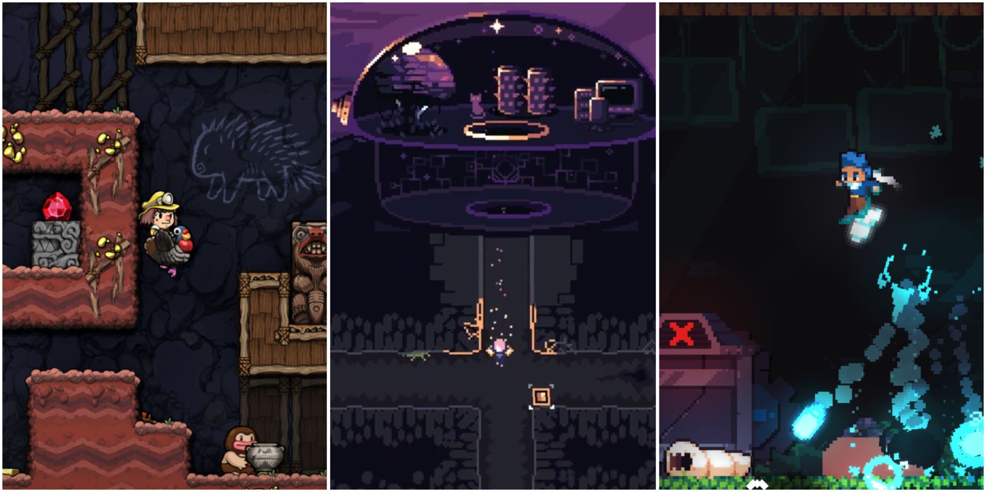 Collage of the Best 2D Roguelikes, featuring Spelunky 2, Dome Keeper and Revita