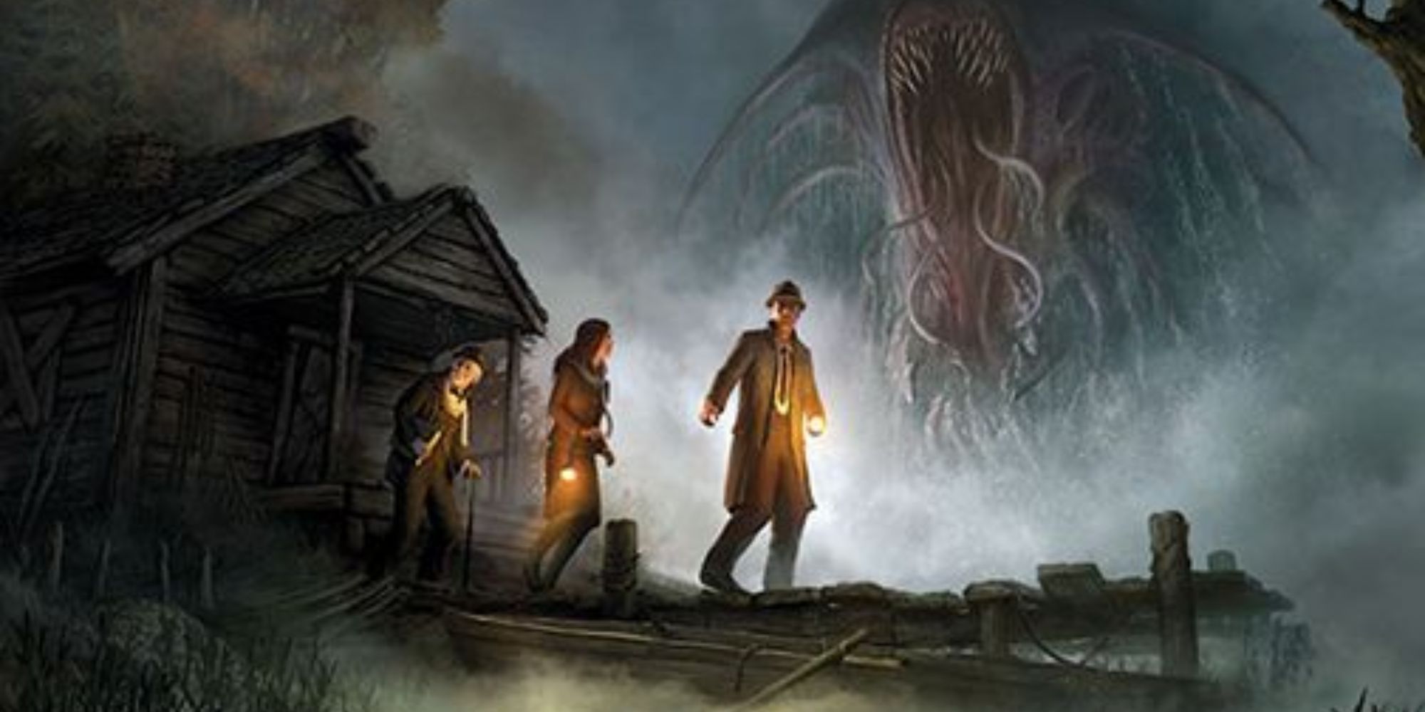 Call of Cthulhu Investigators Near Foggy Cabin With Creature