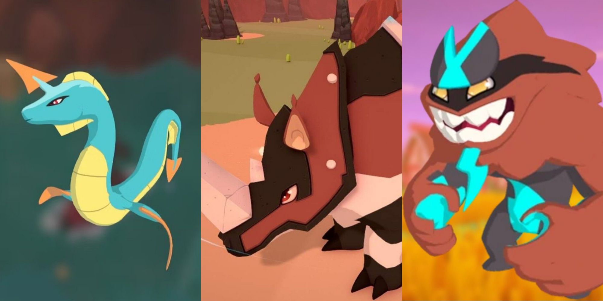 Split image screenshots of Nessla, Rhoulder and Golzy Temtem.