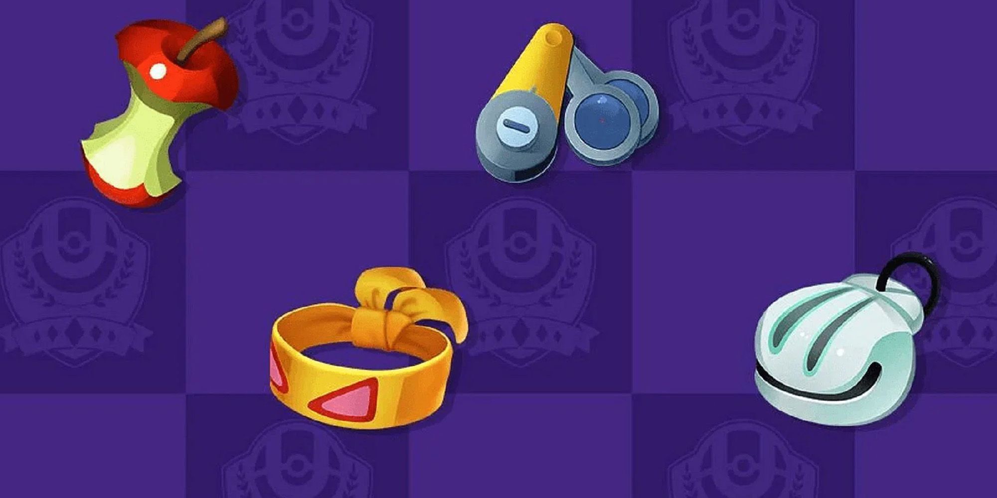 Leftovers scope lens, muscle band and Shell Bell on a purple background