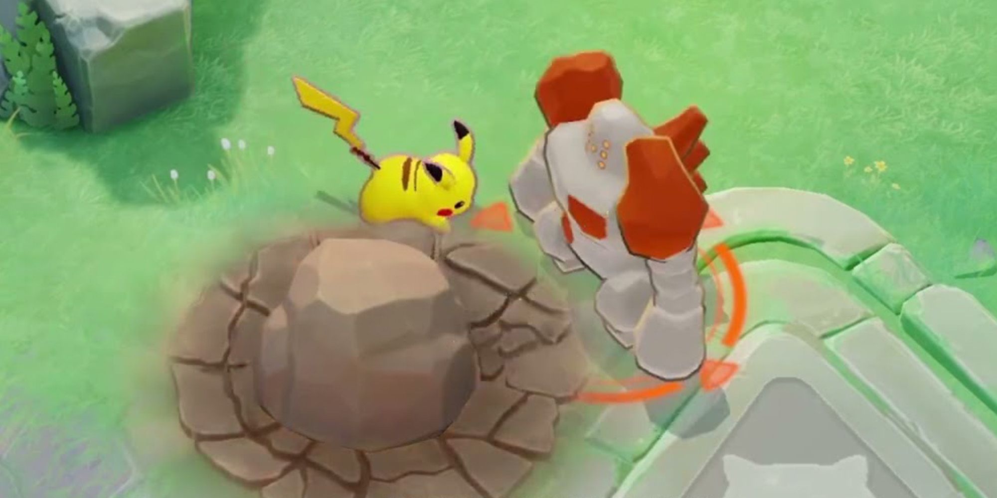 Pikachu attacking a regirock in pokemon unite