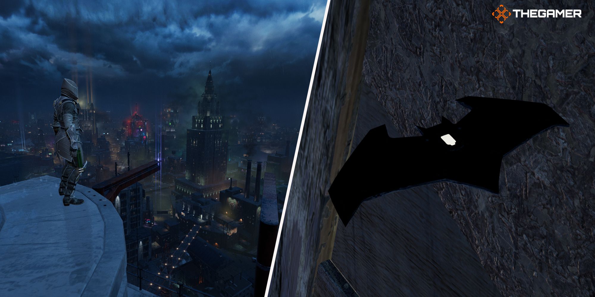 Gotham Knights Robin on the left and a Batarang on the right.
