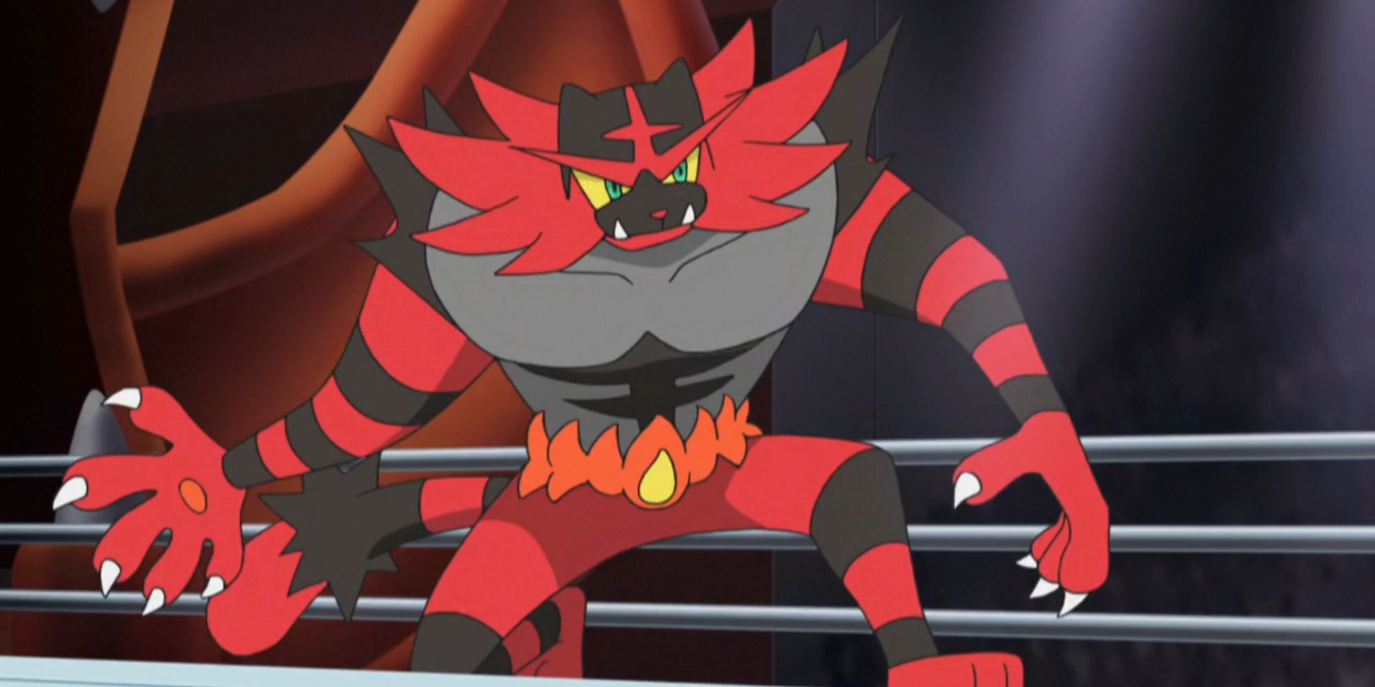 Incineroar prepares to attack in a wrestling ring in the Pokemon anime.