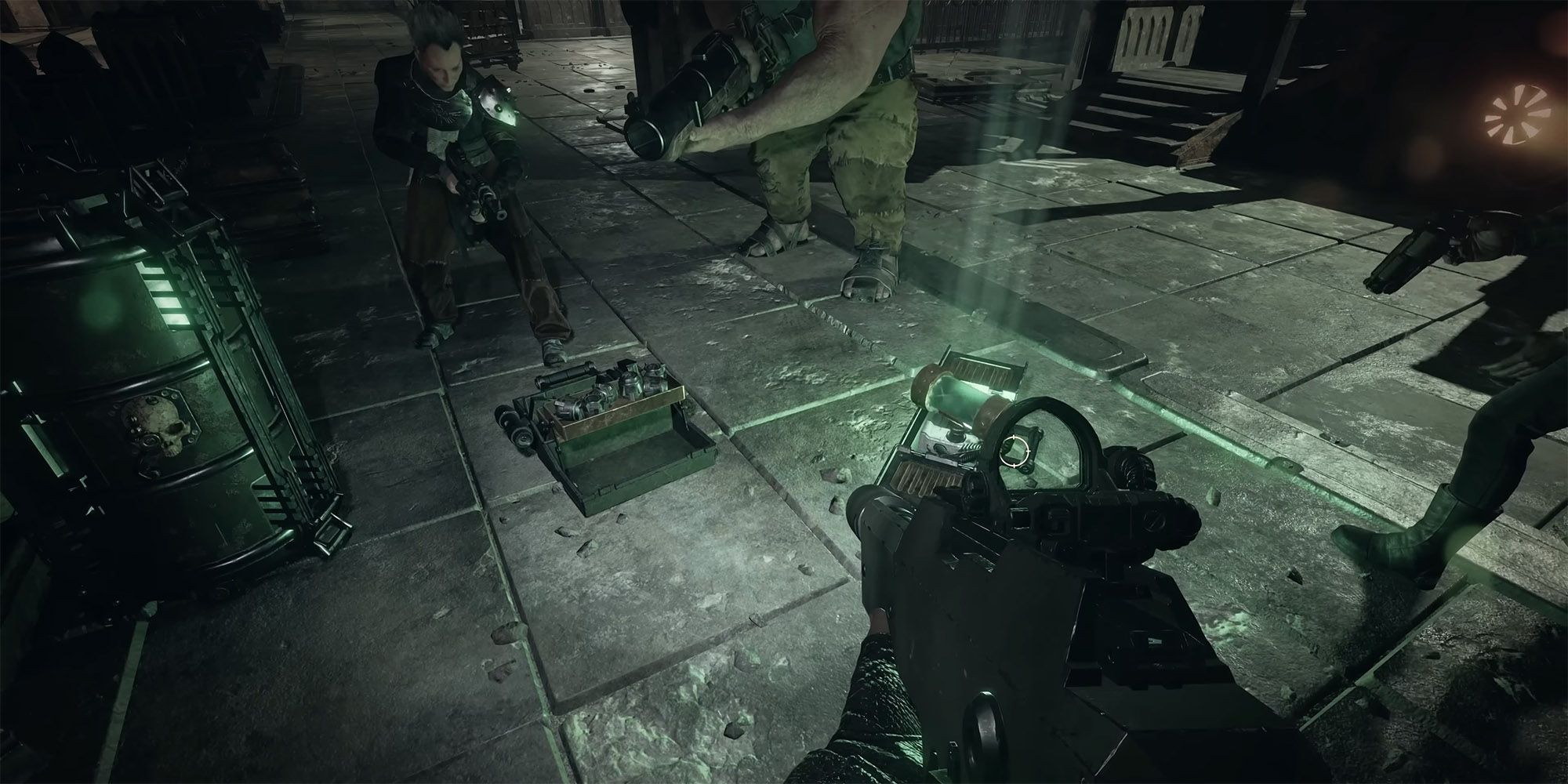 Warhammer 40,000 Darktide - Operative Squad Huddled Around Ammo Box And Med Kit