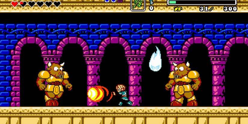 Aggelos hero blasting fireball at minotaur enemies in castle