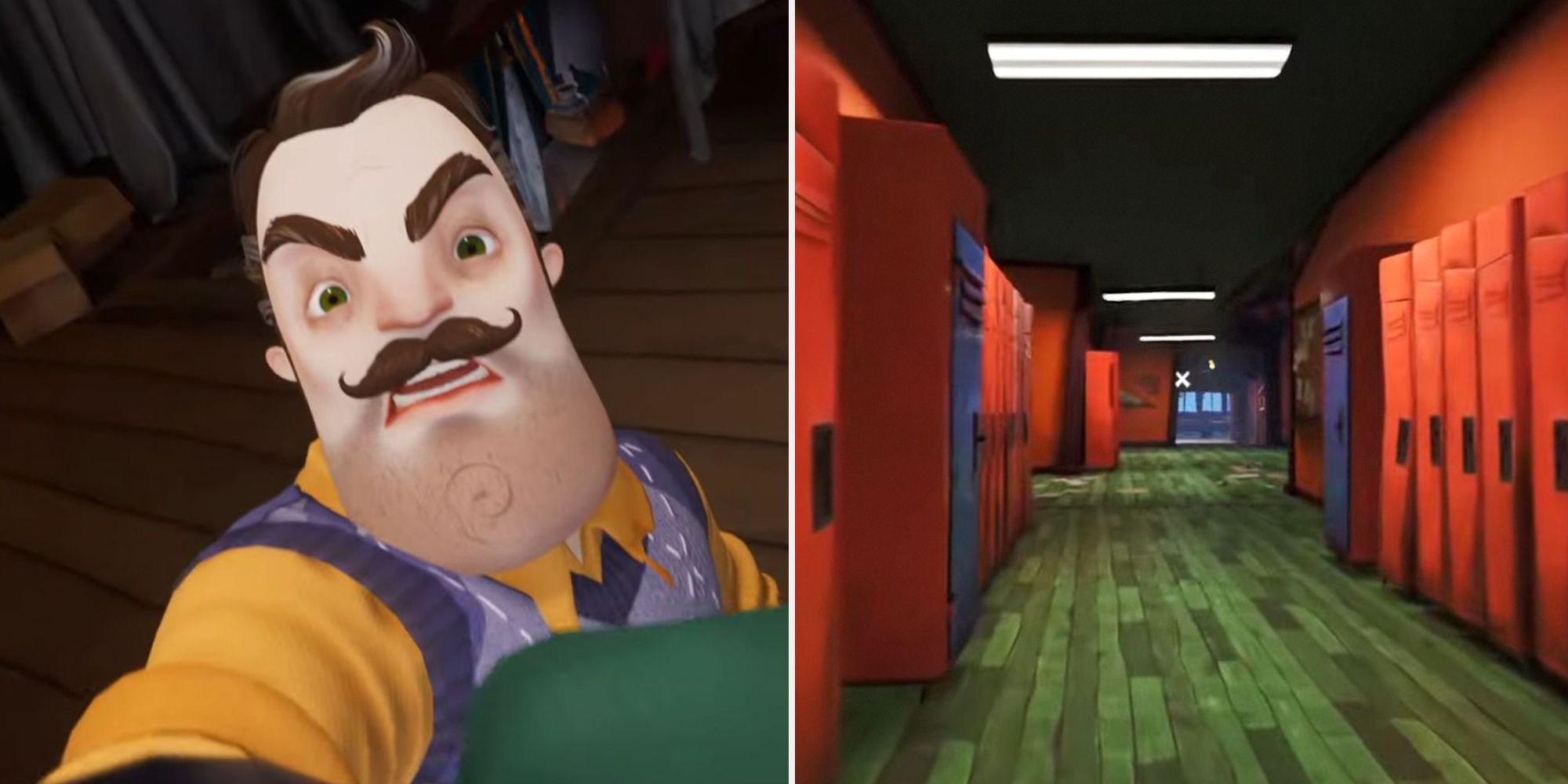 Mr Peterson capturing the protagonist, and the hallways of the school DLC.