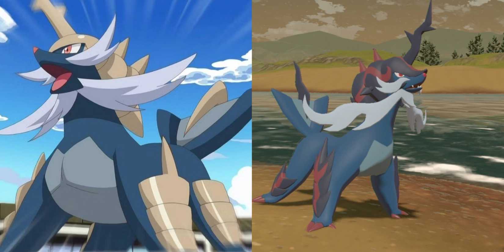 A split image of Samurott roaring before battle and  Hisuian Samurott on a beach in Legends Arceus.