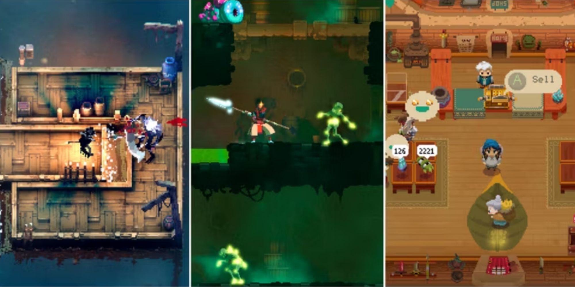 Collage of the Best Roguelikes On Xbox Game Pass featuring Loot River, Dead Cells, and Moonlighter