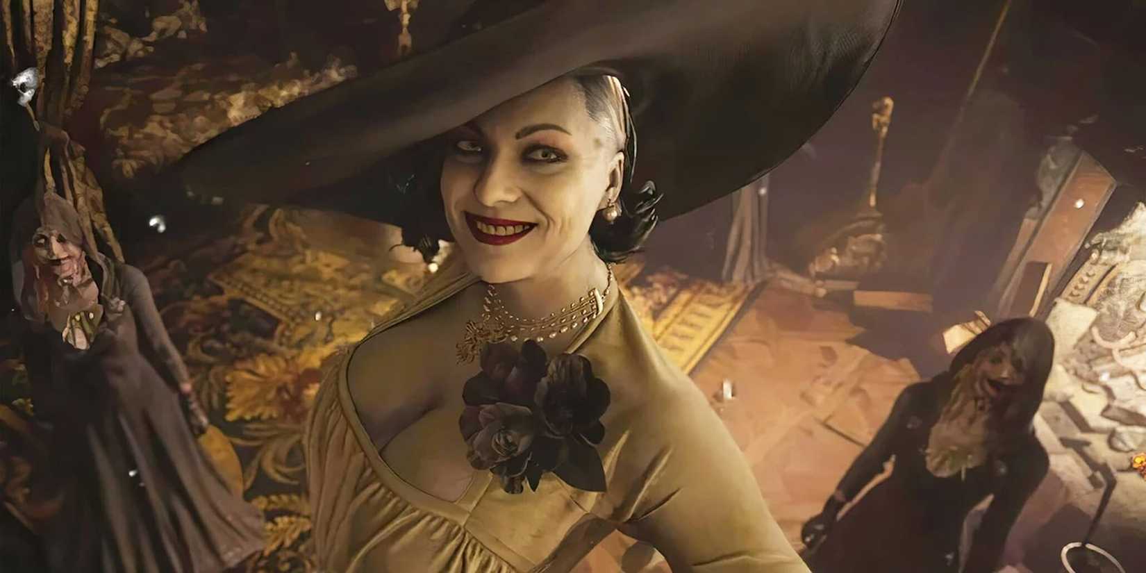 Lady Dimitrescu smiles as her daughters stand behind her in Resident Evil Village.