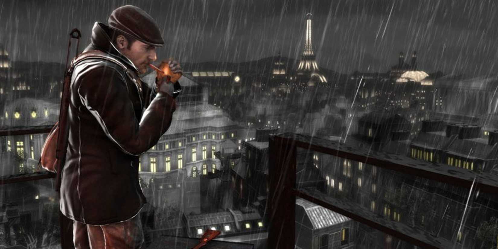 In The Saboteur, Sean Devlin lights a cigarette on a rooftop overlooking the Eiffel Tower in Paris.