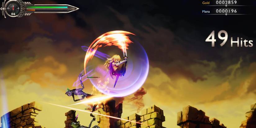 The Vagrant heroine slashing at skellies in sky in forcefield