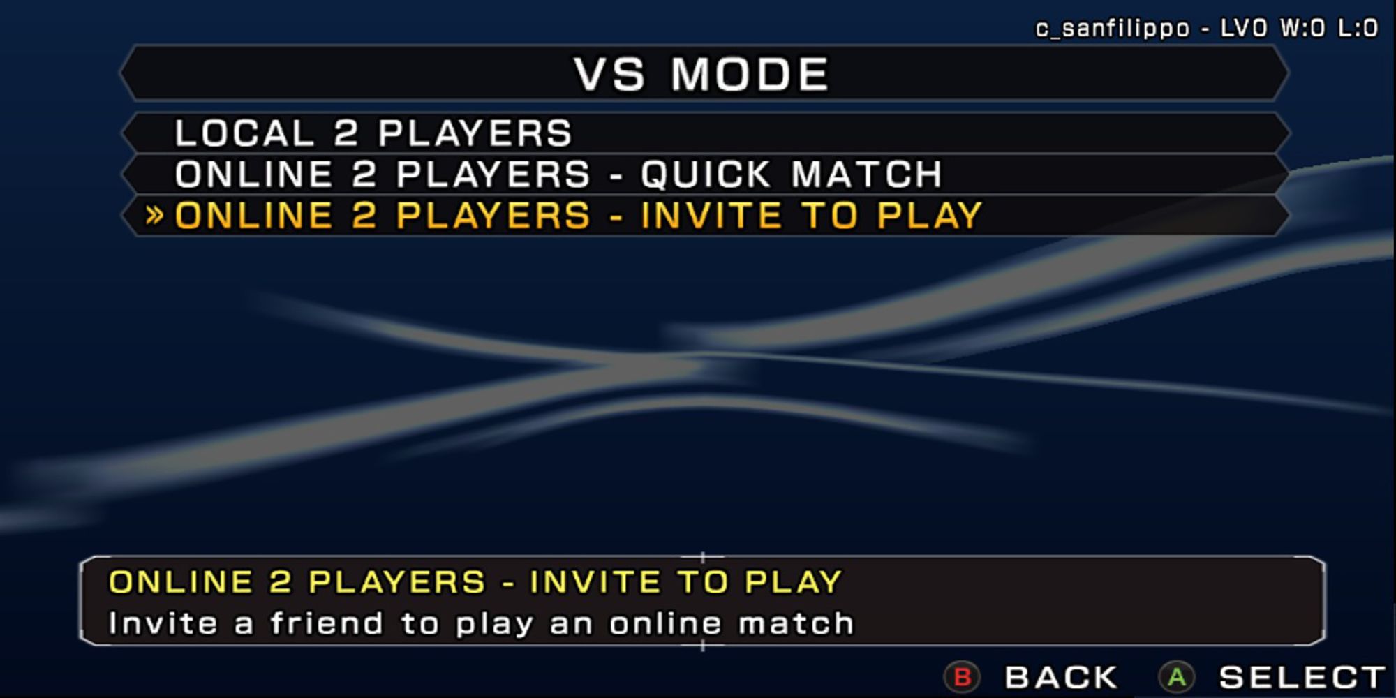 The VS Mode menu, featuring local and online matches, in The Rumble Fish 2.
