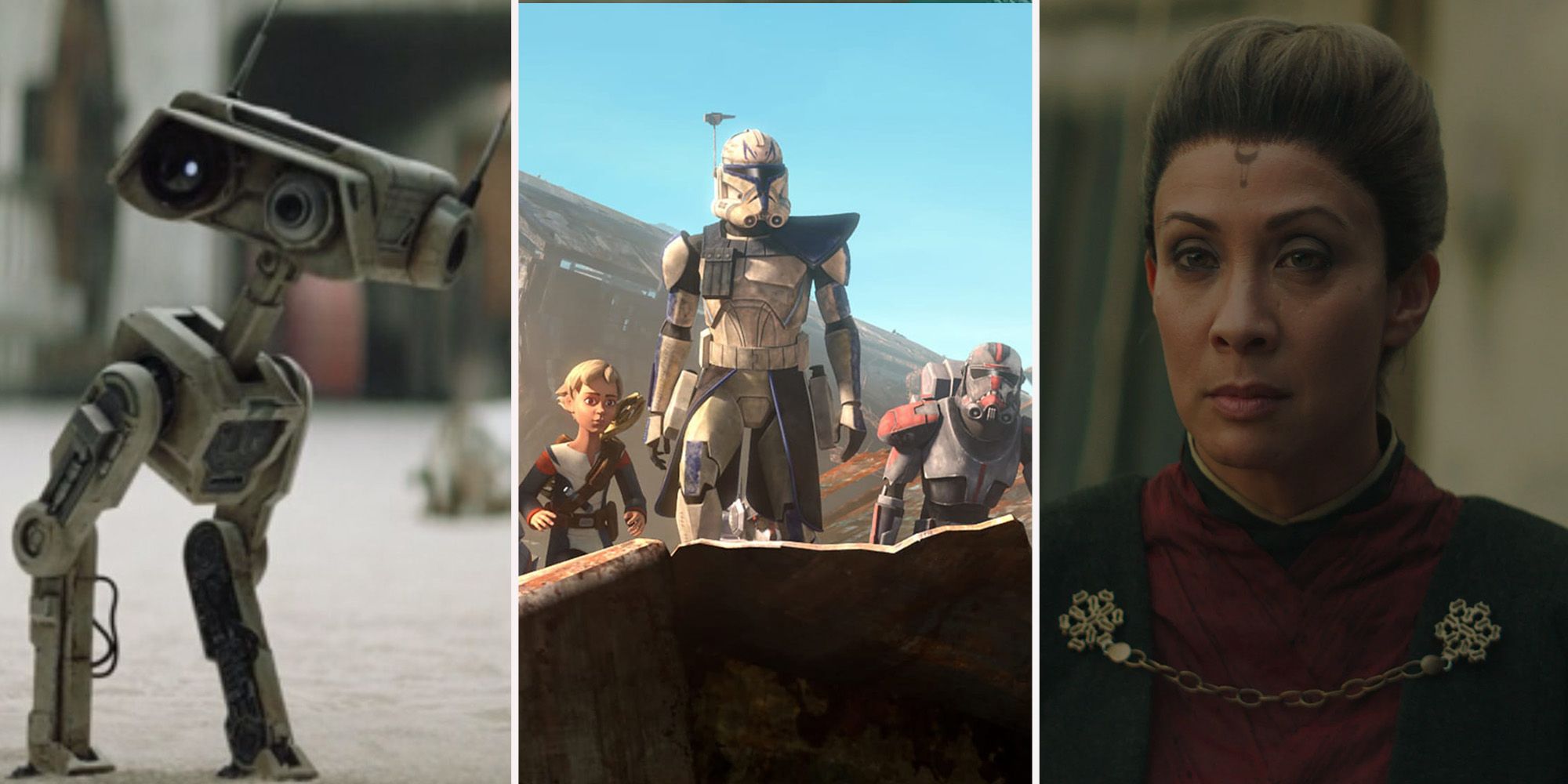 BD droid from Book Of Boba fett seen in Peli's Junkyard repair shop, The Magistrate from Mandaloran standing, and Comander rex, Omega and hunter standing on bracca, a junkyard planet in the hot sun