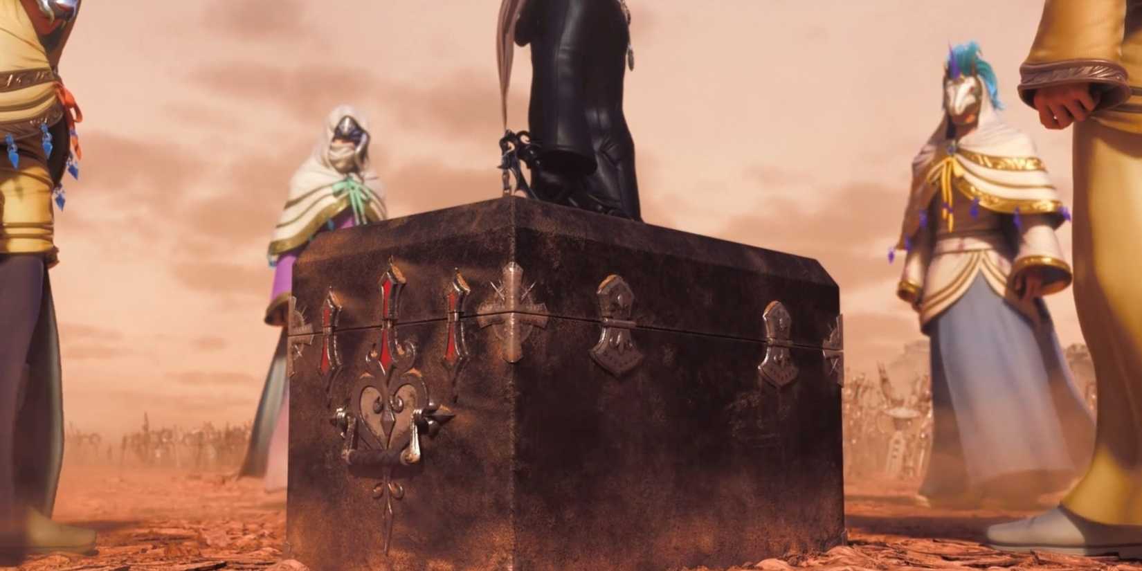 Luxu/Xigbar and the predictors surround the black box in Kingdom Hearts 3.