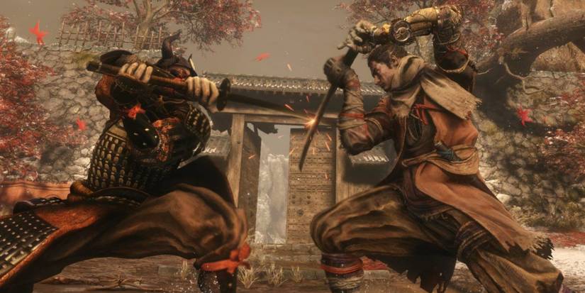 Wolf parrying an attack with his sword from a Samurai foe in a courtyard, as red leaves are falling.