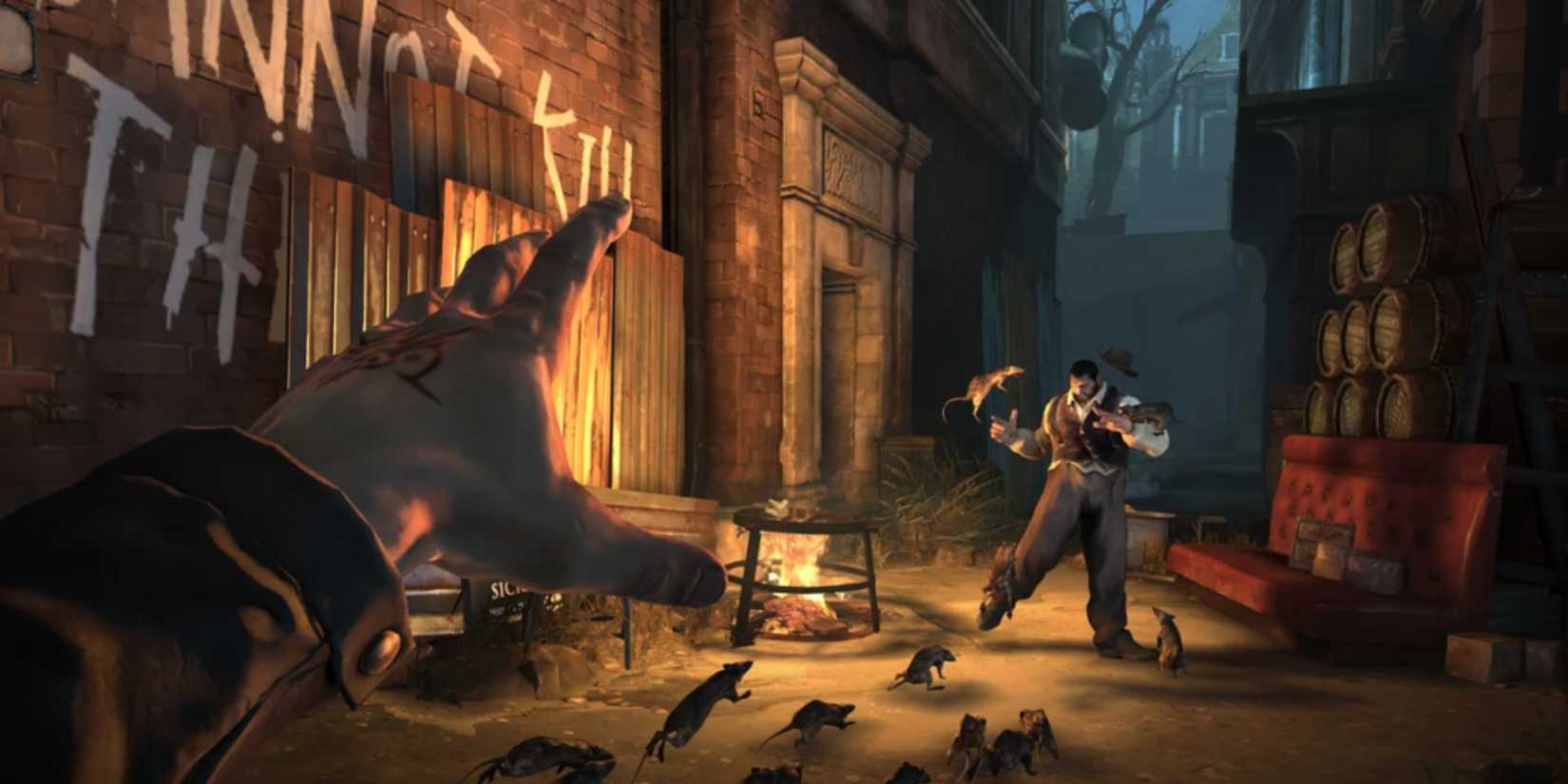 Corvo summons a swarm of rats to attack the guards in Dishonored.