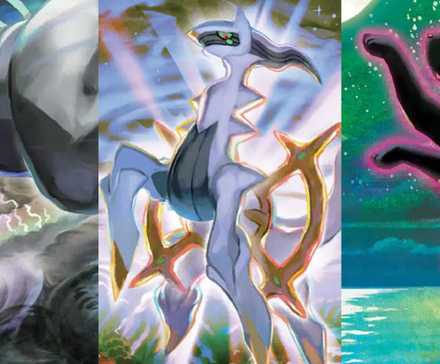 Split image screenshots of Lugia V (Silver Tempest #186) card, Arceus V (Brilliant Stars #166) card, and Umbreon VMAX (Evolving Skies #215) card.