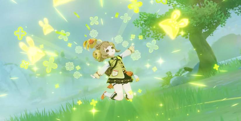 Yaoyao Jumping With Yuegui during her Elemental Burst in Genshin Impact.