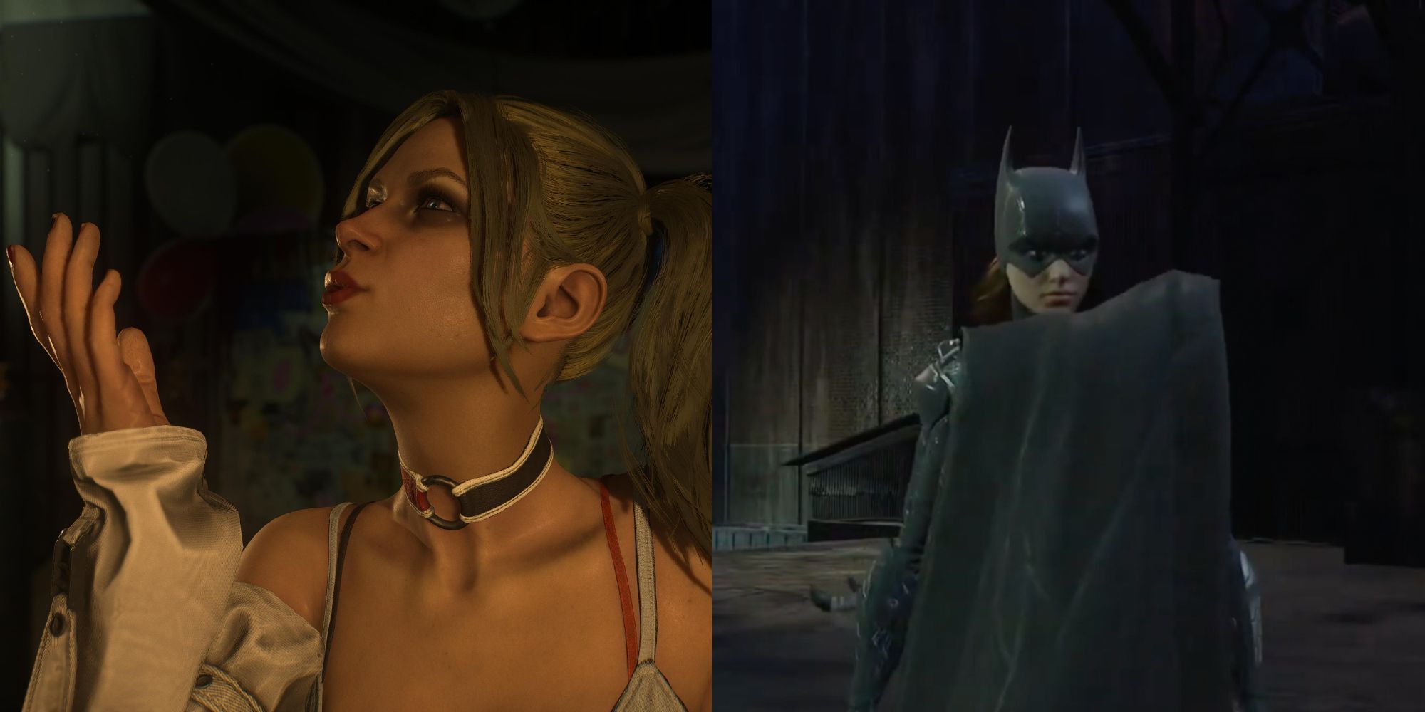 gotham knights funniest moments header harley quinn blowing a kiss, batgirl cape bug