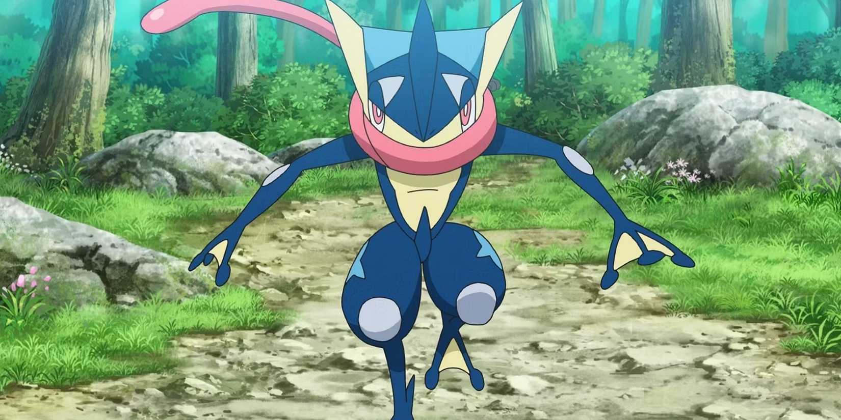 Greninja walking towards us in the Pokemon anime.