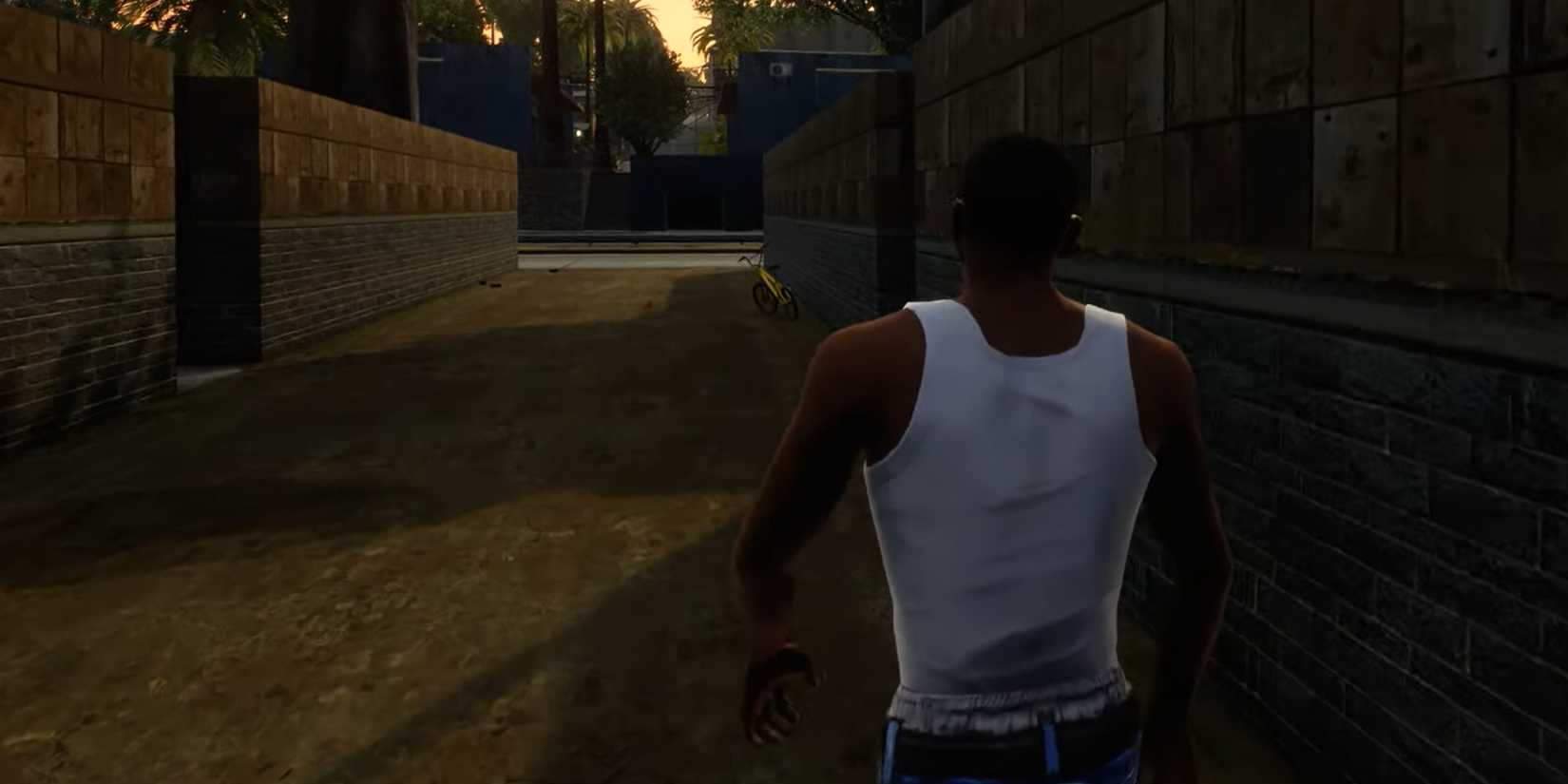 CJ walking down an alley.