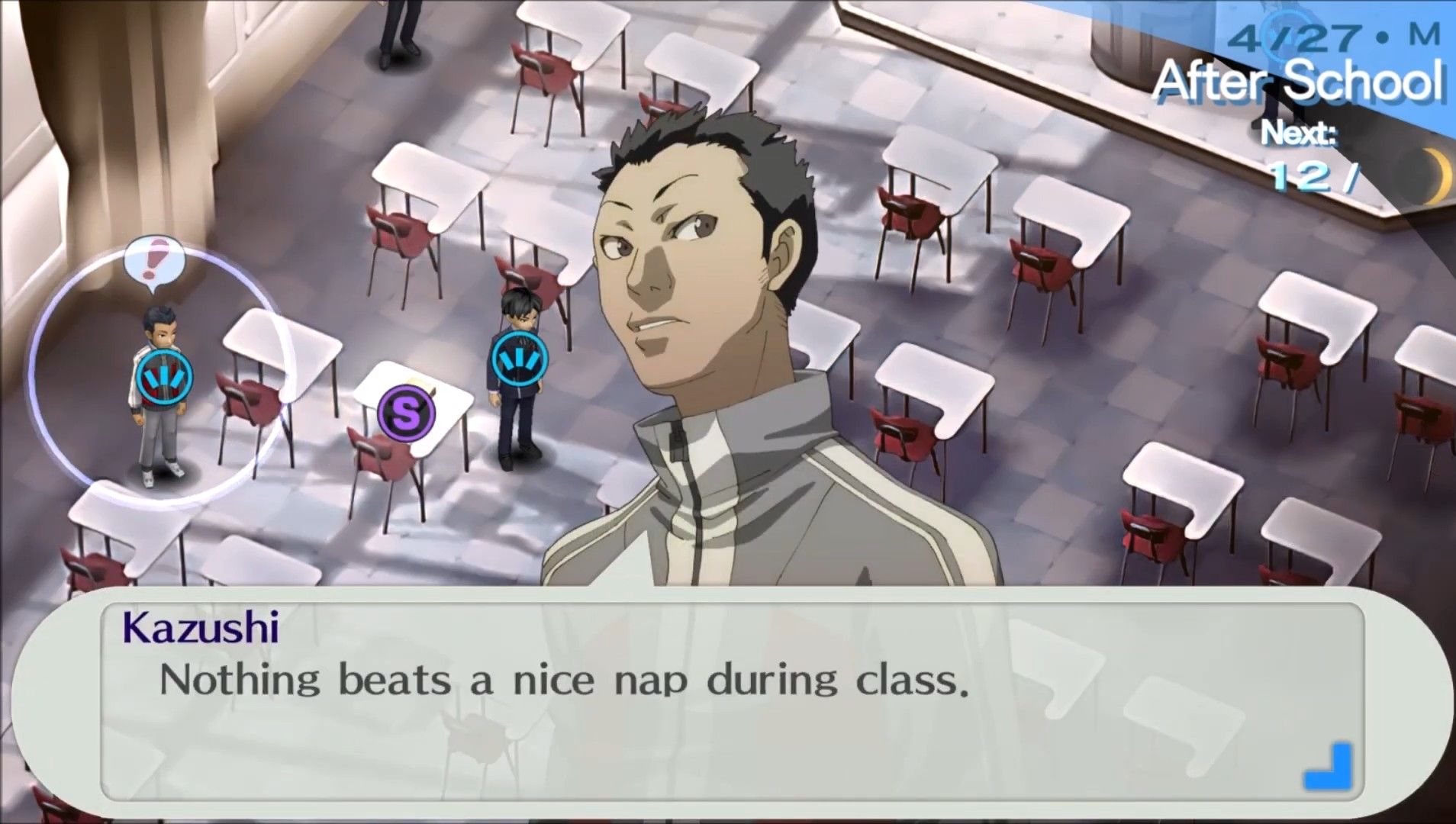 kazushi waking up after a nap after school in persona 3 portable