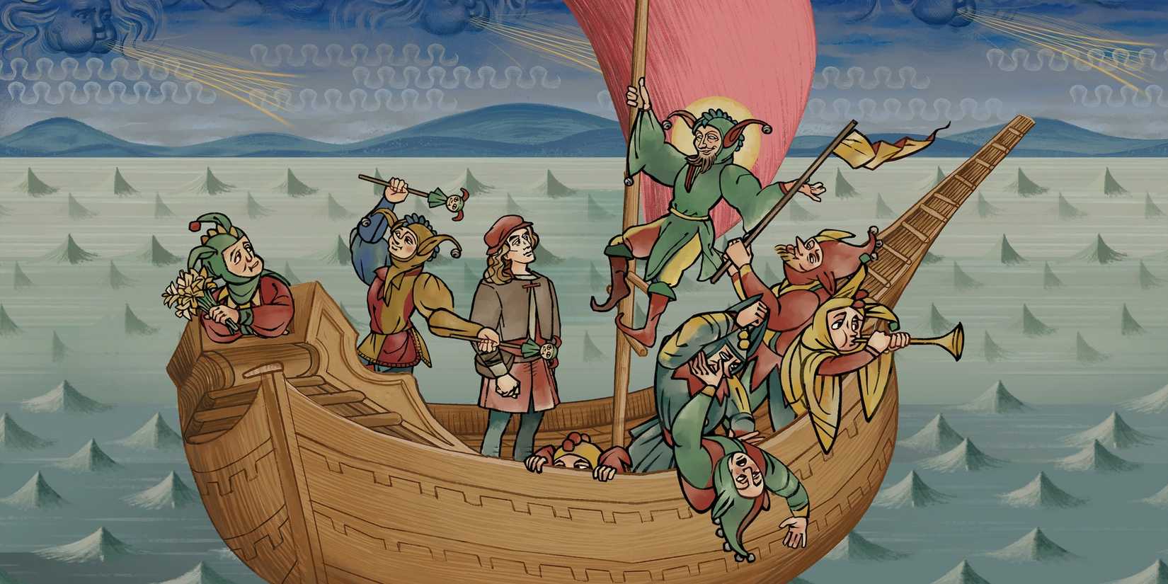 Andreas surrounded by fools on a ship in Pentiment.