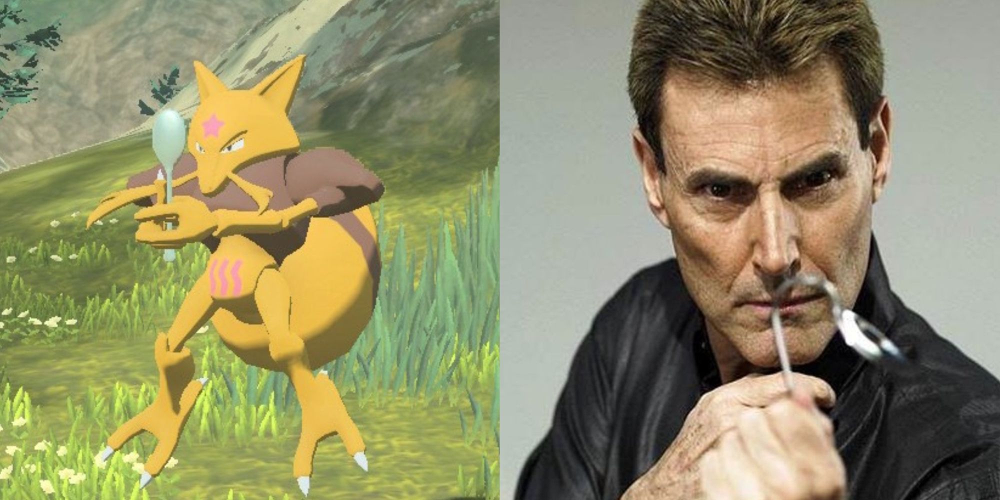 Kadabra holding its spoon, Uri Geller bending a spoon with his mind