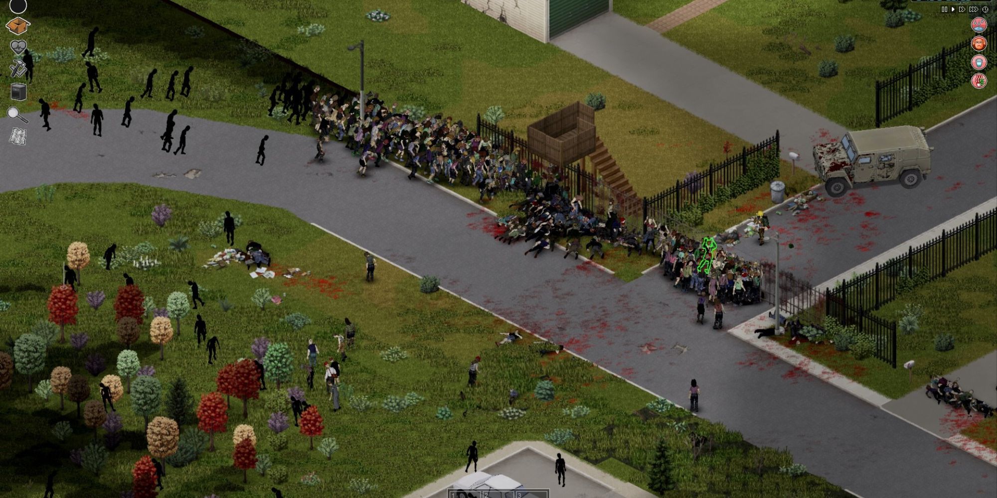 huge horde of dozens of zombies in a neighbourhood