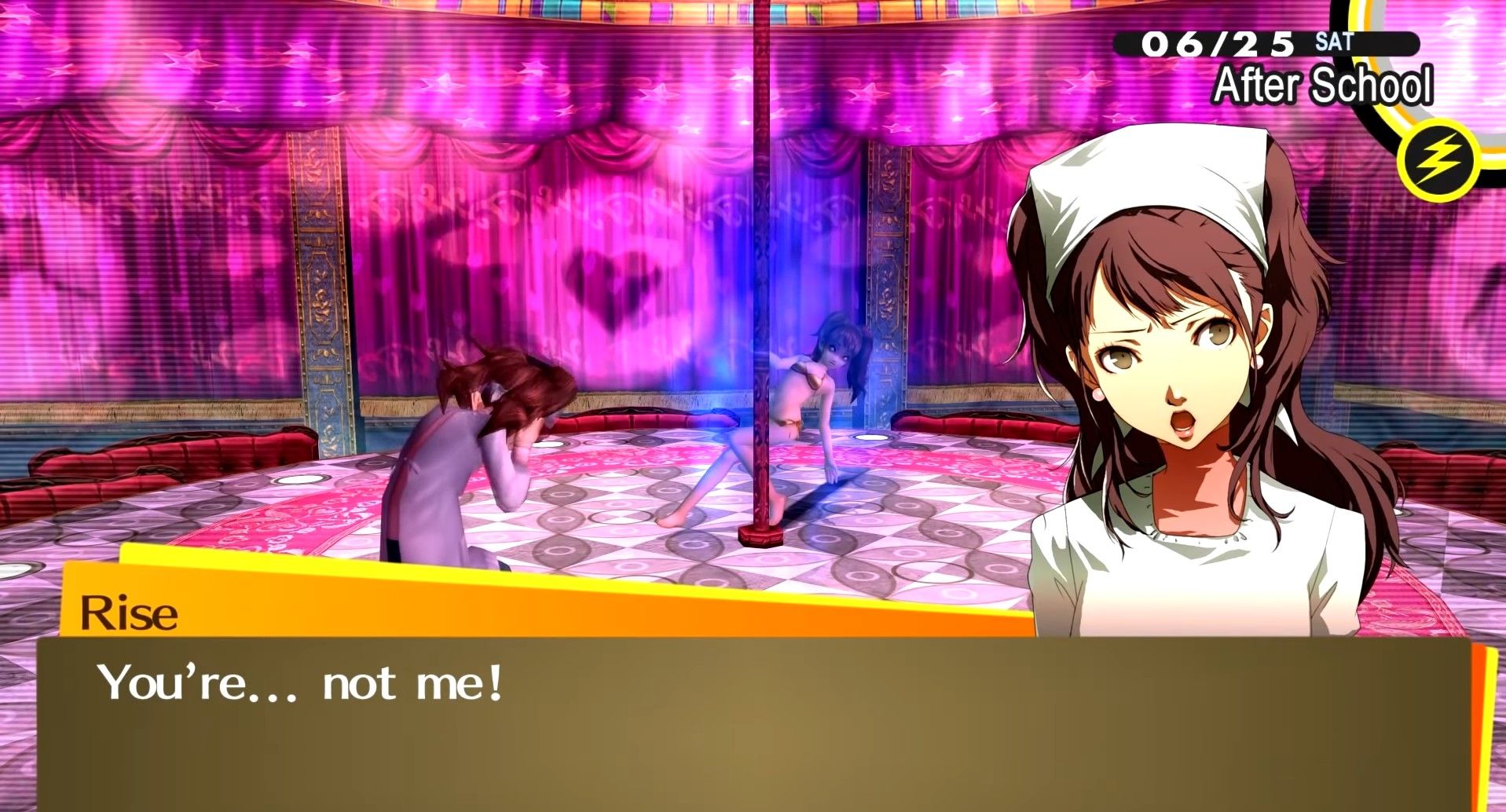 rise kujkawa denying her shadow self in the marukyu striptease dungeon in persona 4 golden