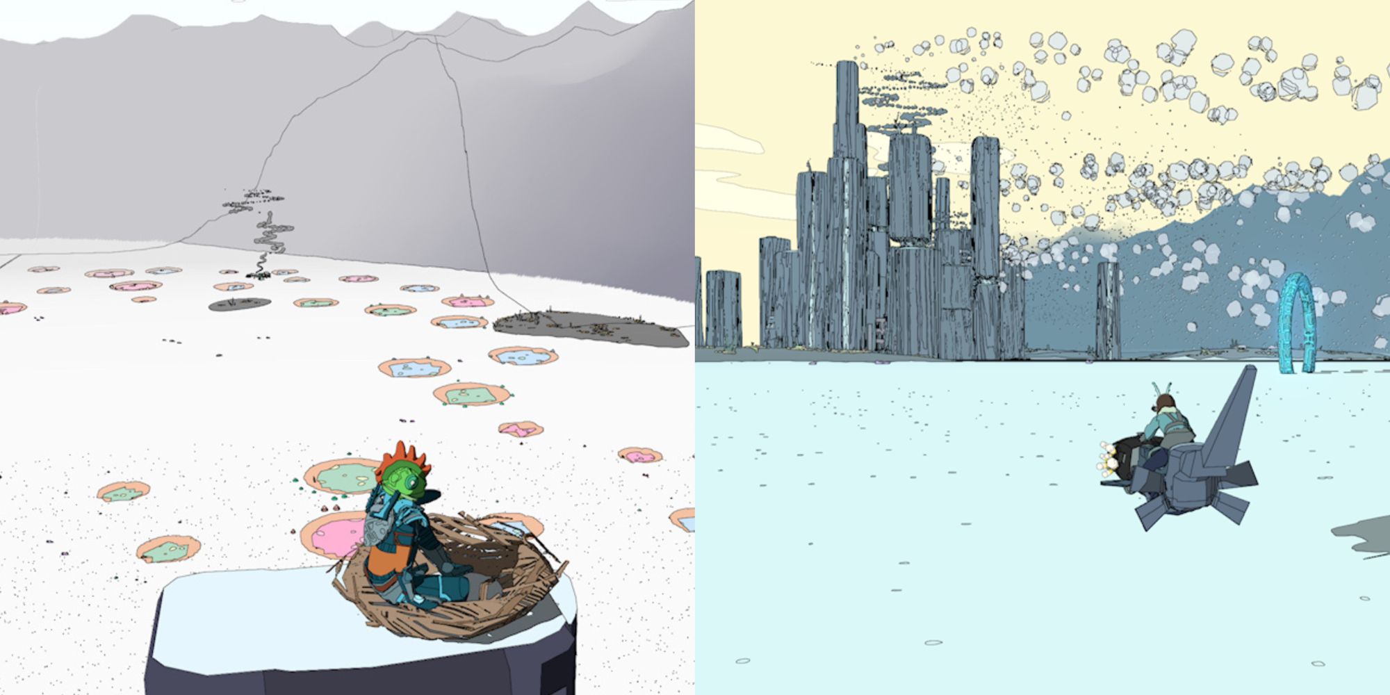 Split image of two sable screenshots showing the sonic waste landscapes and the geyser tower