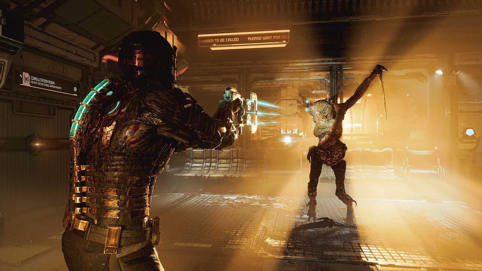 Isaac Clark pointing a gun at a necromorph in Dead Space.