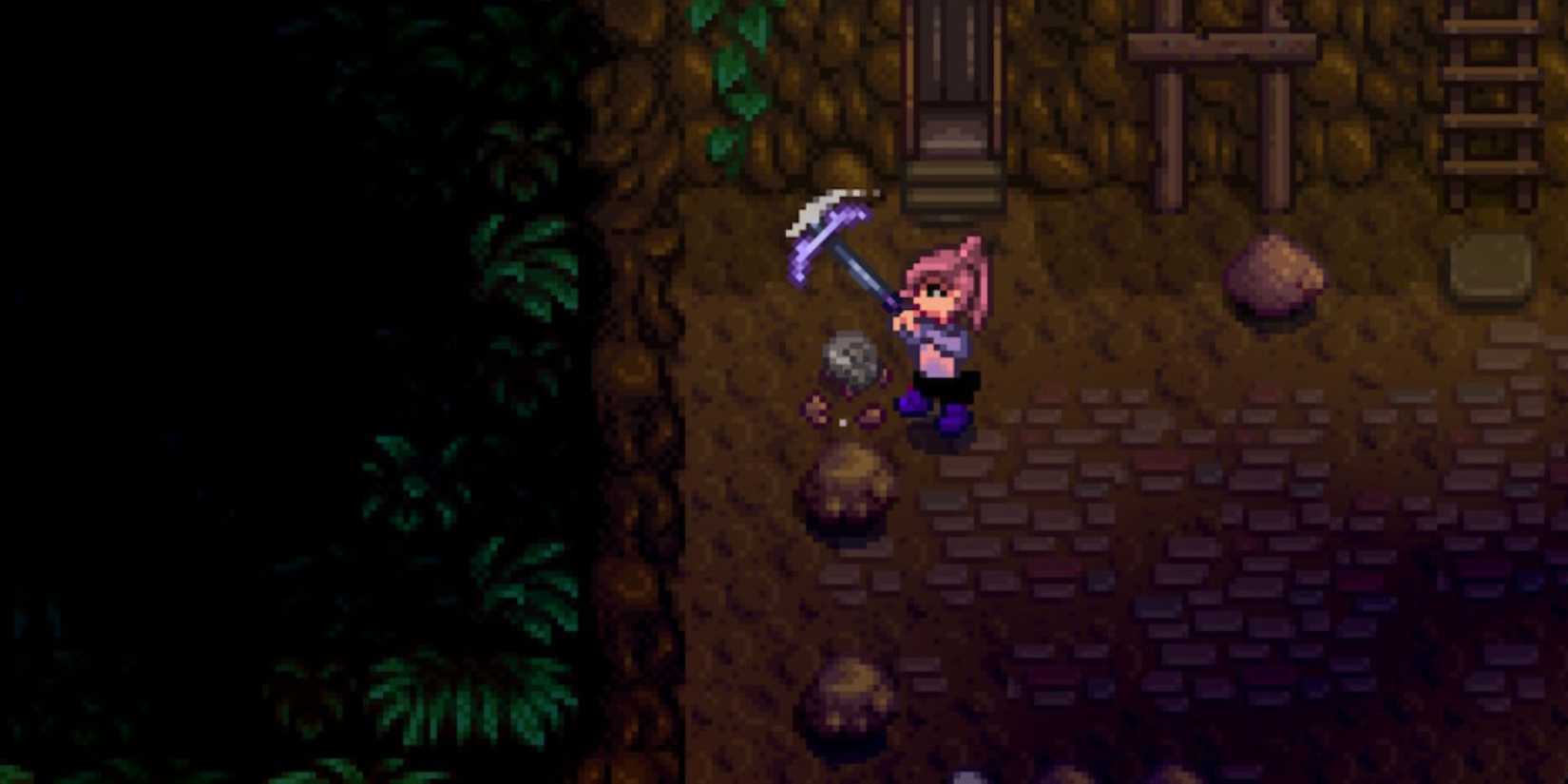 A Stardew Valley character mining with a pickaxe.
