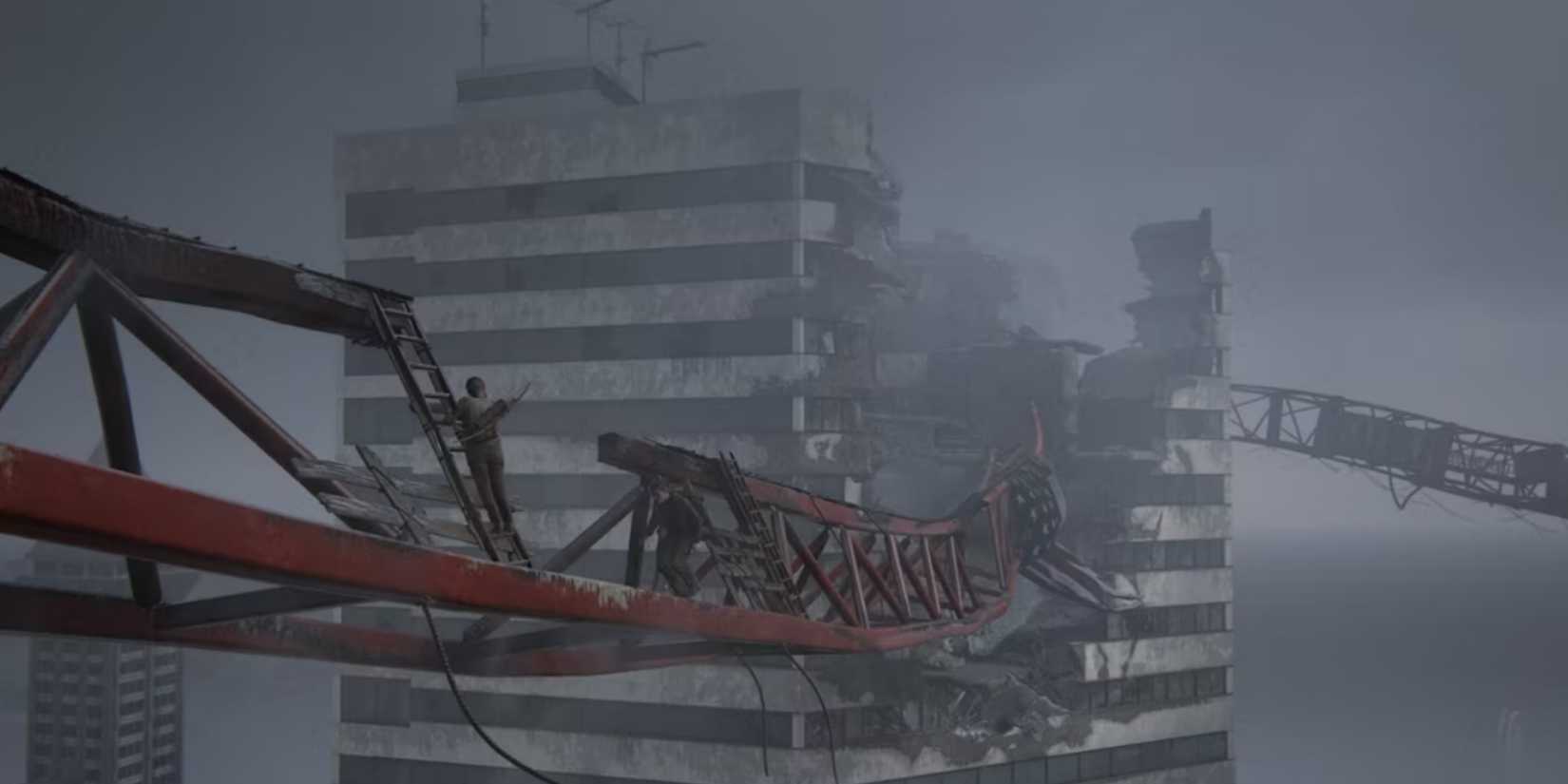 The Last Of Us - Lev and Abby on Skybridge with crumbling skyscraper in background.